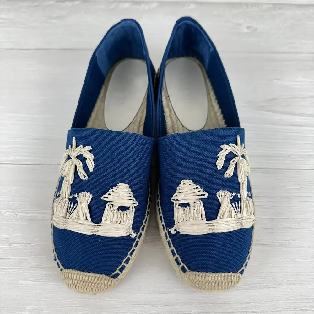 Tory Burch Flat Espadrille Size 8 Raffia‎ Embroidered Straw Blue Tropical Cruise